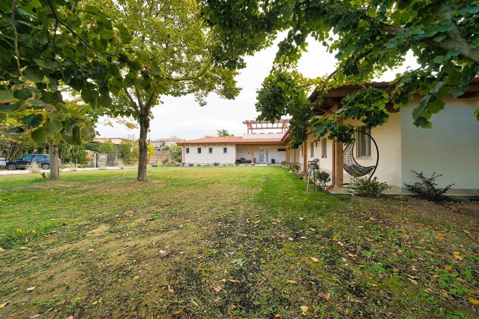 Alberi e prato nel giardino, accanto alla casa